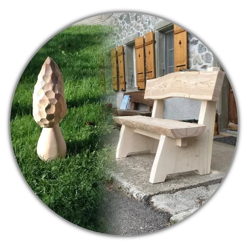 Sculpture en bois et banc artisanal en bois massif, représentatifs des créations et travaux d’Essentiel Bois Adejo Sàrl.
