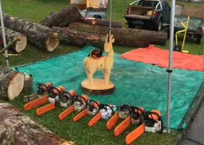 Sculpture en bois réalisée à la tronçonneuse sous un stand – Essentiel Bois Adejo Sàrl